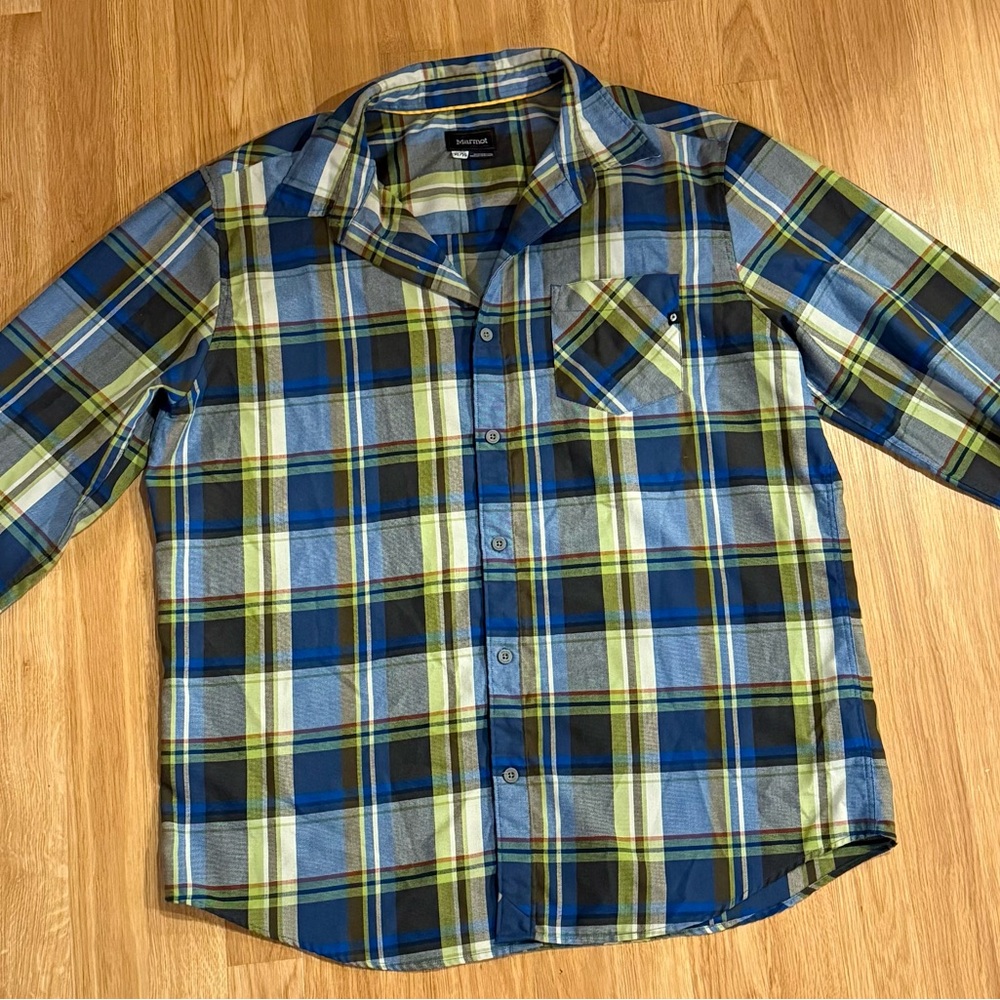 Marmot Men’s Plaid Button Down Shirt - Blue and Green - XL